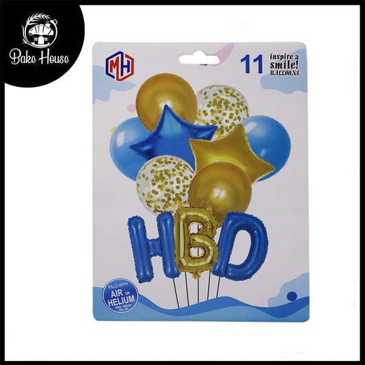 HBD Letters Shape Foil Balloons Blue & Golden Design Wall Banner With Balloons For Party Decoration