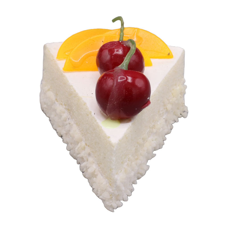 Realistic Artificial Vanilla Triangle Pastry With Cherry And Mangoes Topping