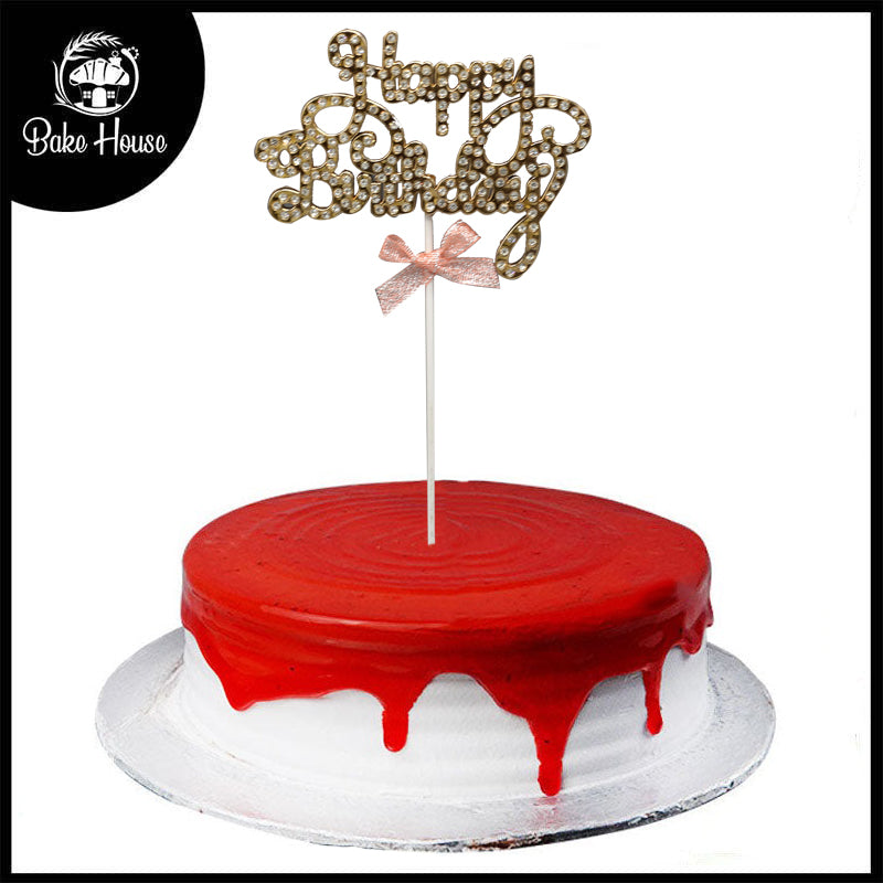 Happy Birthday Cake Topper Metallic Golden With Ribbon And Silver Nugs