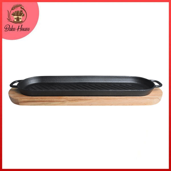 Oblong Cast Iron (38 x 11cm) Sizzler Tray Platter With Wooden Base