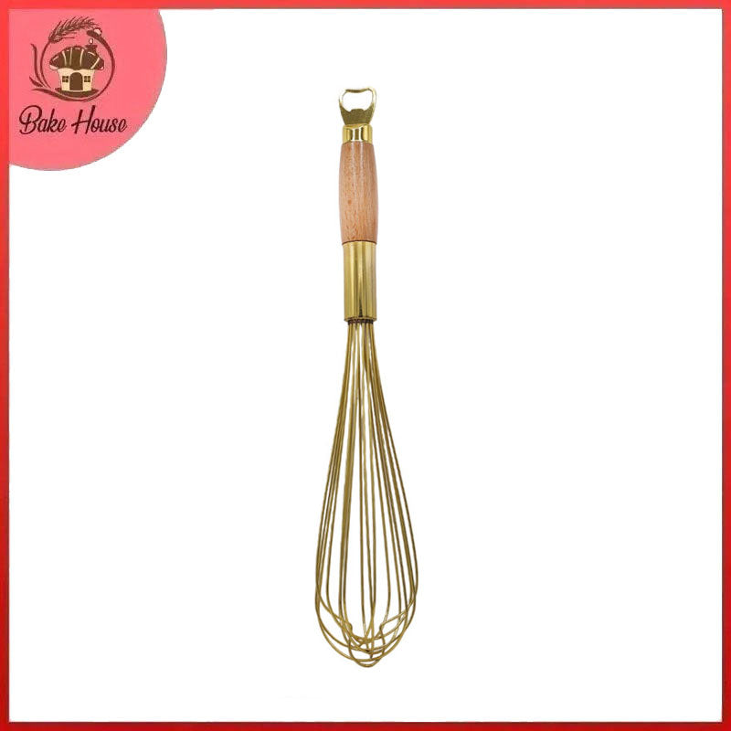 Stainless Steel Golden Colored Hand Whisk With Wooden Handle 16 Inch