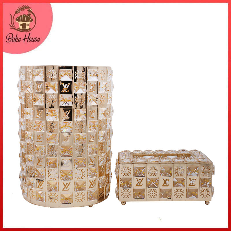 LV Square Stones Design Decor Fancy Dustbin And Tissue Box Holder Set