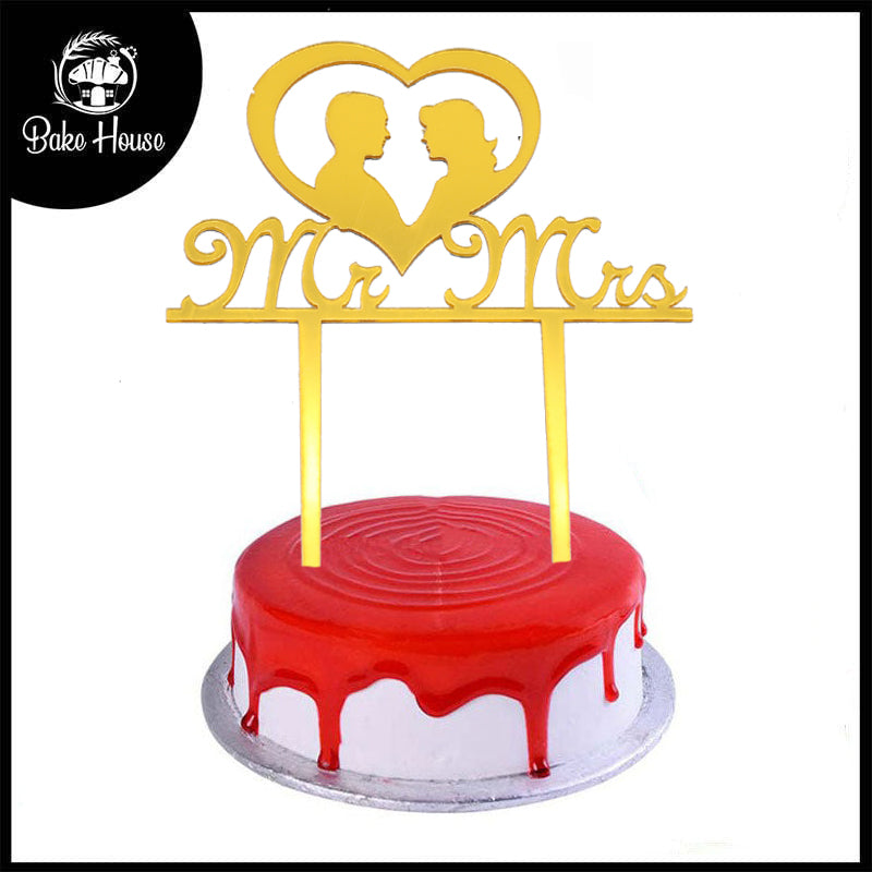 Mr & Mrs In Heart Couple Cake Topper Golden