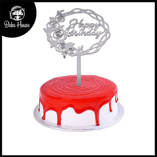 Happy Birthday Cake Topper Silver With Flower Design