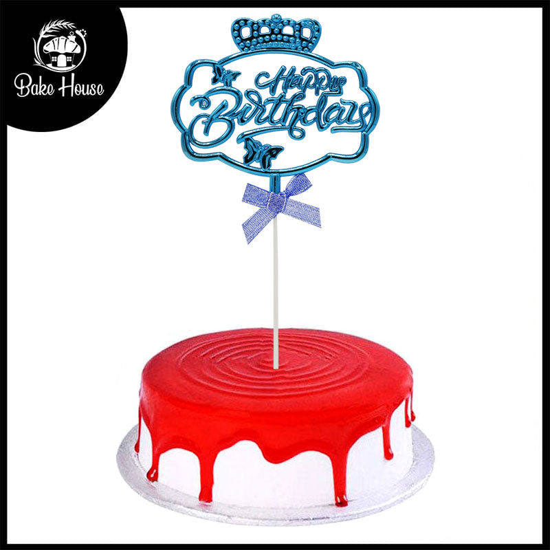 Happy Birthday Cake Topper Blue With Ribbon,Butterfly And Crown Design