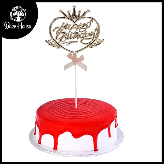 Happy Birthday Cake Topper Copper Heart With Ribbon, And Crown Design