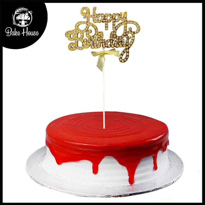 Happy Birthday Cake Topper Golden With Pink Ribbon And Silver Nugs Star (Design 2)