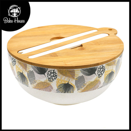 Leaves Pattern Bamboo Fibre Round Bowl With Wood Cap 24cm