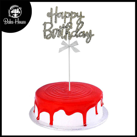 Happy Birthday Cake Topper Silver With Ribbon And Silver Nugs