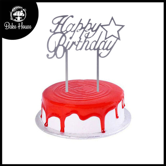 Happy Birthday Cake Topper Silver With Star Design