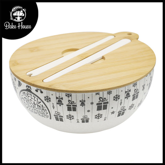 Christmas Theme Bamboo Fibre Round Bowl With Wooden Cap 24cm