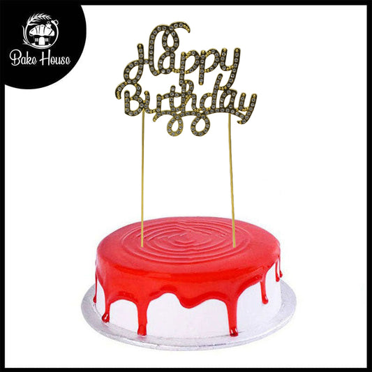 Happy Birthday Cake Topper Golden With Silver Nugs Metal