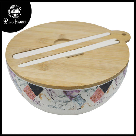 Diamond Texture Bamboo Fibre Round Bowl With Wood Cap 24cm