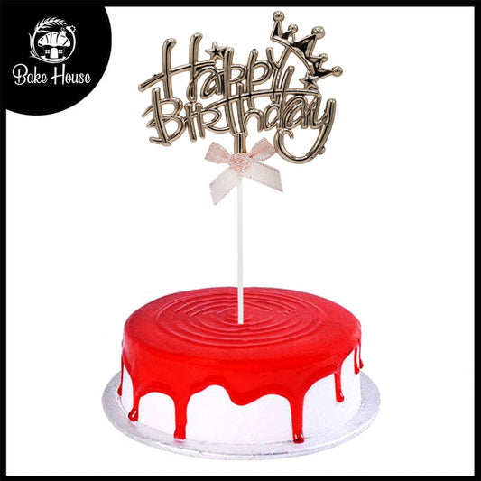 Happy Birthday Cake Topper Copper With Ribbon, Crown And Star Design