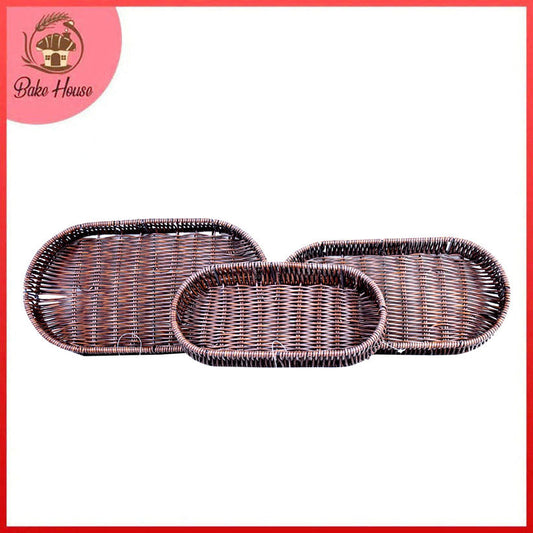 Plastic Woven Oval Shape Flat Tray Dark Brown 3Pcs Set
