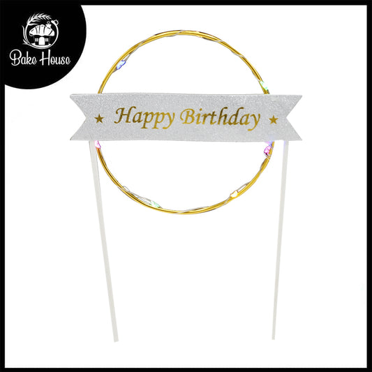 Happy Birthday Round Cake Topper Golden With Lights