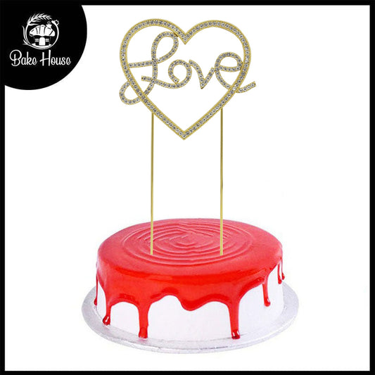 Love With Heart Cake Topper Golden With Silver Nugs