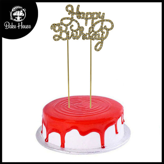 Happy Birthday Cursive Writting Cake Topper Golden With Silver Nugs