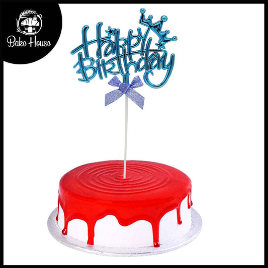 Happy Birthday Cake Topper Blue With Ribbon, Crown And Star Design