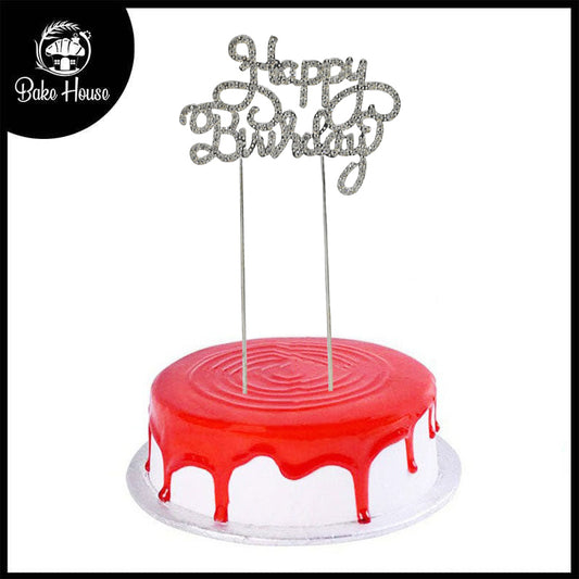 Happy Birthday Cursive Writting Cake Topper Silver With Silver Nugs