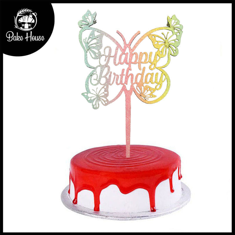 Happy Birthday Cake Topper Multicolor Butterfly Design