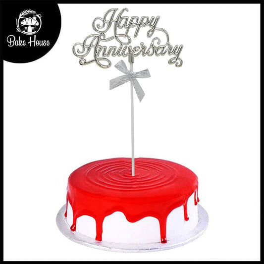 Happy Anniversary Cursive Writting Silver Cake Topper