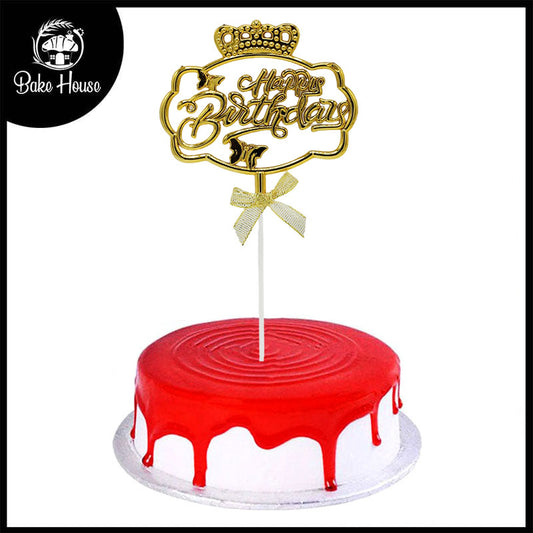 Happy Birthday Cake Topper Golden With Ribbon,Butterfly And Crown Design