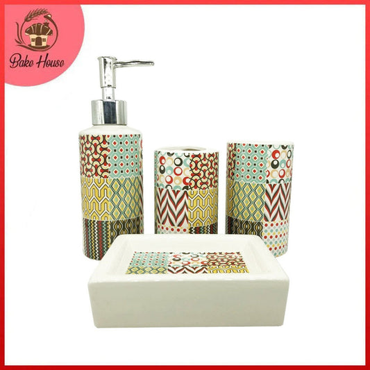 Multi Designs Patterned 4 Pcs Ceramic Bathroom Accessories Set