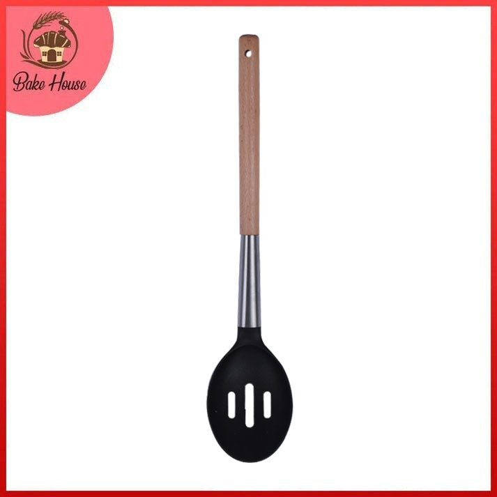 Slotted Food Serving Spoon Plastic With Wooden Handle