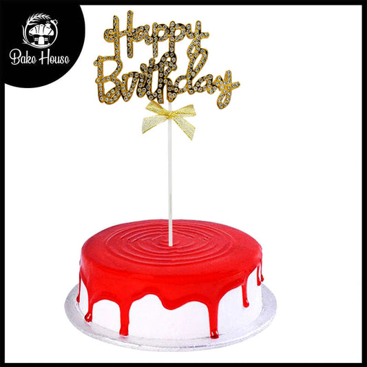 Happy Birthday Cake Topper Golden With Ribbon And Silver Nugs