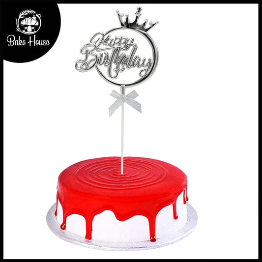 Happy Birthday Cake Topper Silver Round With Ribbon, And Crown Design