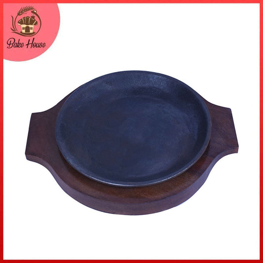 Round Cast Iron Sizzler Plate 20cm With Wooden Base