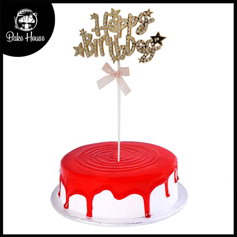 Happy Birthday Cake Topper Golden With Pink Ribbon And Silver Nugs Star Design