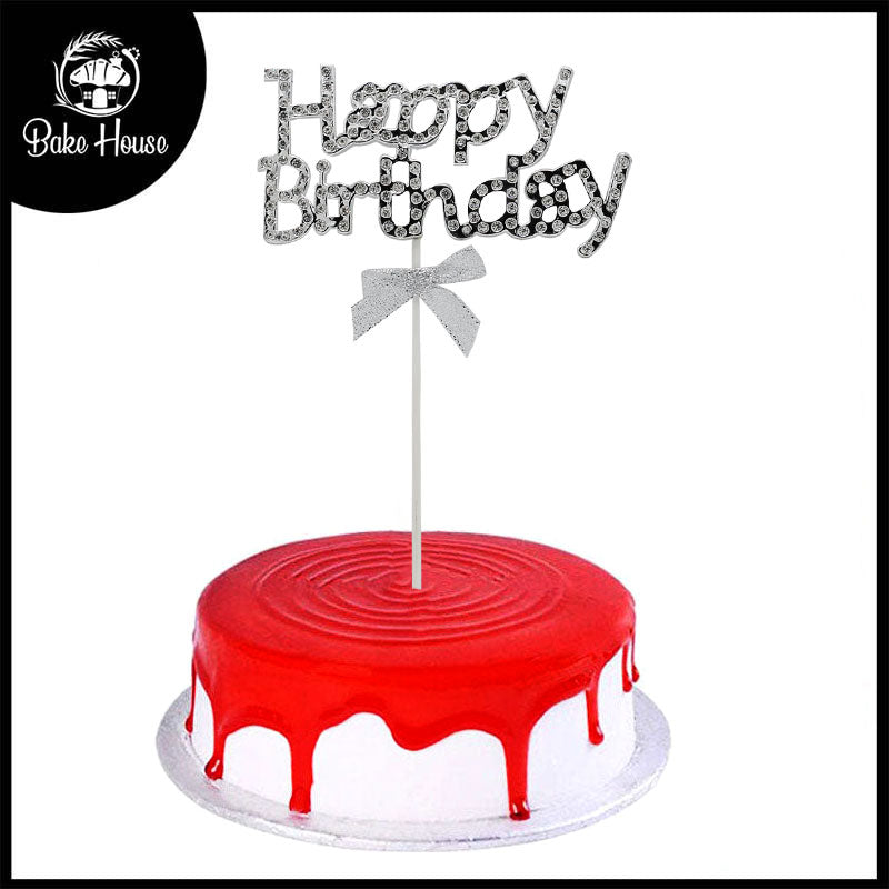 Happy Birthday Cake Topper Silver With Ribbon And Silver Nugs