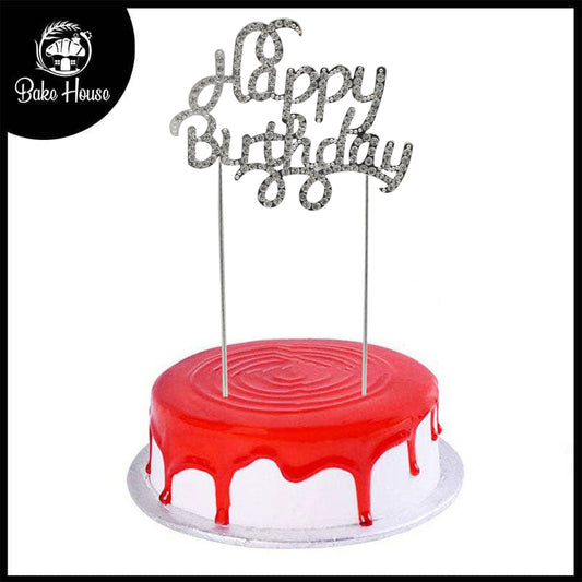 Happy Birthday Cake Topper Silver With Silver Nugs Metal