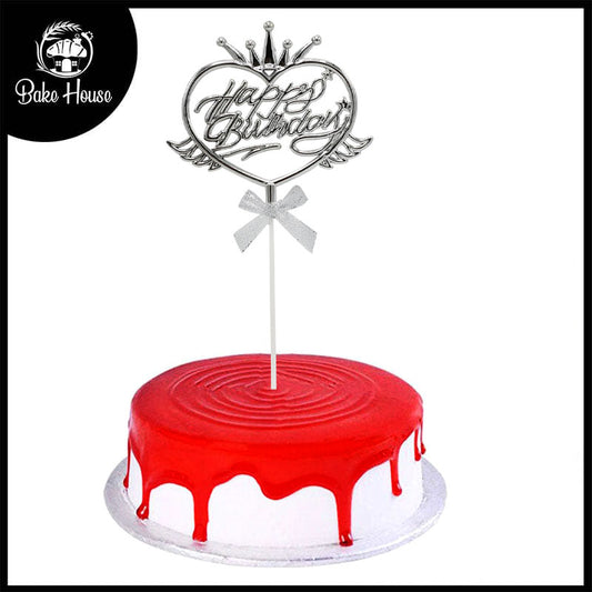 Happy Birthday Cake Topper Silver Heart With Ribbon, And Crown Design