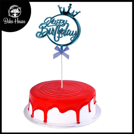 Happy Birthday Cake Topper Blue Round With Ribbon, And Crown Design