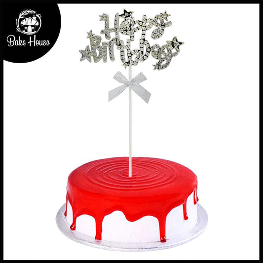 Happy Birthday Cake Topper Silver With Ribbon And Silver Nugs Star Design