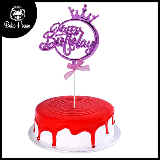 Happy Birthday Cake Topper Purple Round With Ribbon, And Crown Design