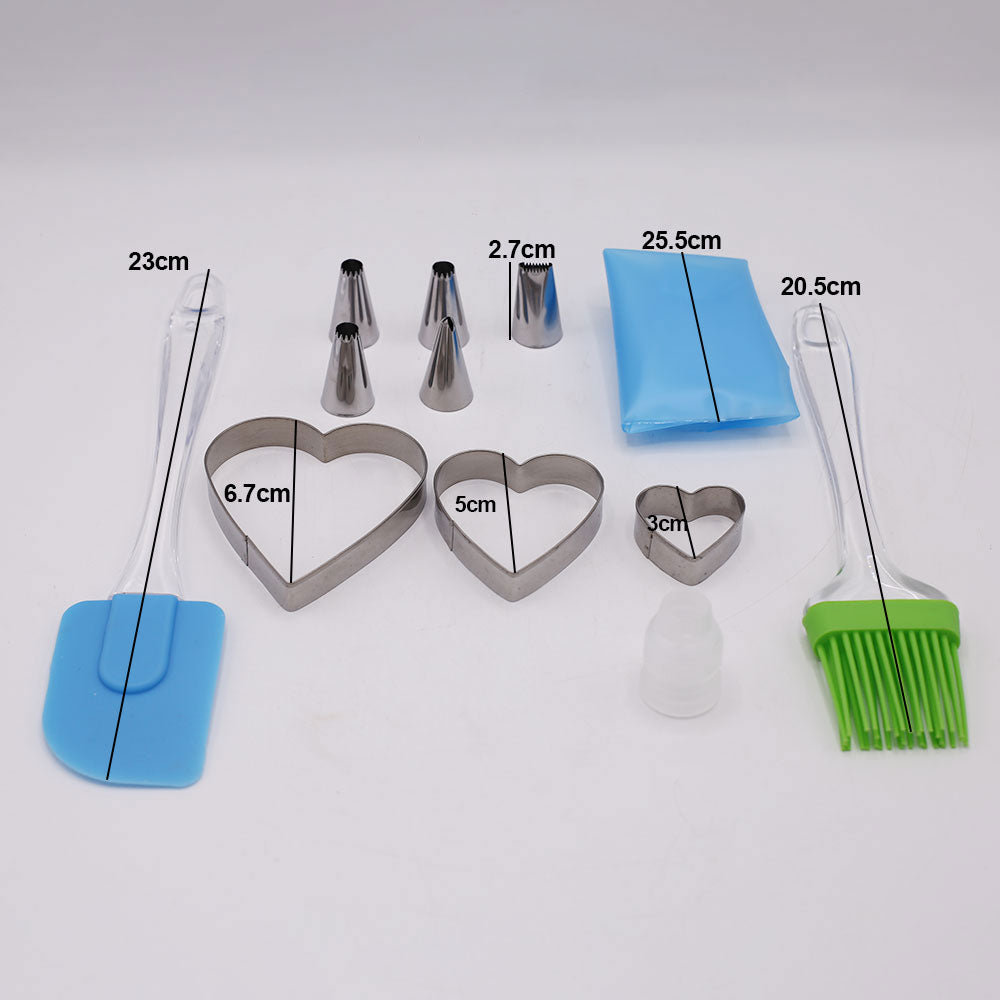 5 Pcs Nozzle With Coupler, Icing Bag, Heart Cutter 3pcs, Silicone Spatula & Silicone Pastry Brush