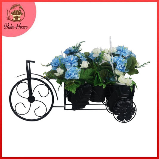 Tricycle Shape Iron Decoration Centrepiece Stand with Attached 3 Iron Flower Pots & Artificial Flowers Decor