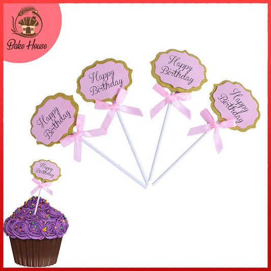 Pink Happy Birthday Cupcake Topper 4 Pcs Pack