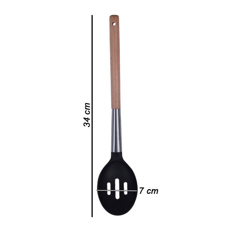 Slotted Food Serving Spoon Plastic With Wooden Handle