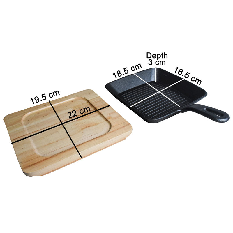 Square Cast Iron Grill Skillet Sizzler Pan With Wooden Base