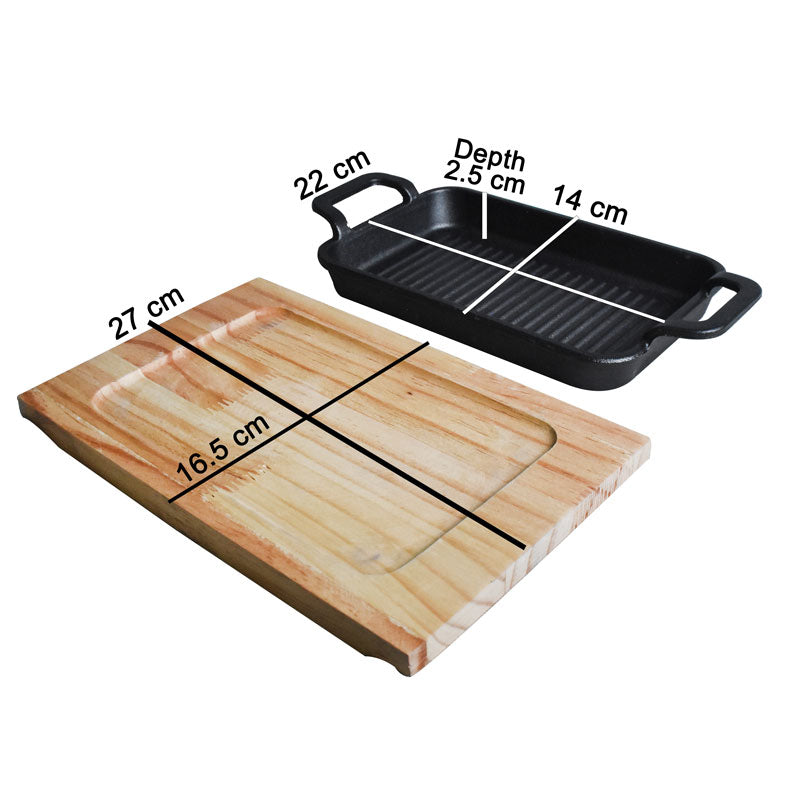 Rectangle Cast Iron (22 x 14cm) Sizzler Tray Platter With Wooden Base