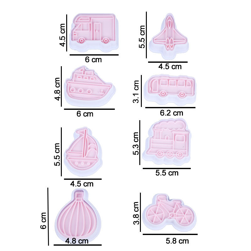 Transport Theme Cookie And Fondant Plastic Cutters With Stamps 8 Pcs Set